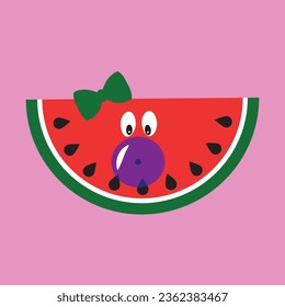 Cute watermelon vector blowing bubble gum