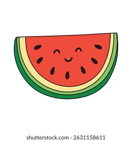 Cute Watermelon vector illustration. Kawaii Watermelon element clipart. Watermelon fruit flashcard. Letters W is for Watermelon. Fun fruit worksheets printable for kids activity. Summer activity.