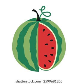 Cute watermelon. Whole fruit with a cut out piece. Trendy modern vector illustration isolated on white background, hand drawn, flat design