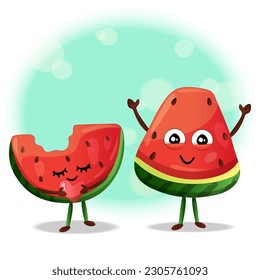 Cute watermelons characters in love. Vector illustration of cartoon slice of tropical fruit on blue background with highlights. Food emoji vector illustration. Comic watermelons vector for postcards.