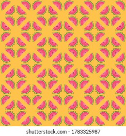 Cute watermelons seamless pattern. Cartoon vector illustration. Funny fruits with smiles. Bright summer print. For postcards, textiles, notebooks, backgrounds.