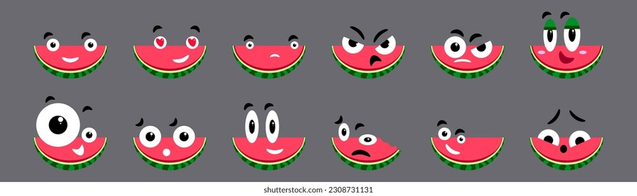 Cute watermelons set, cartoon character vector illustration