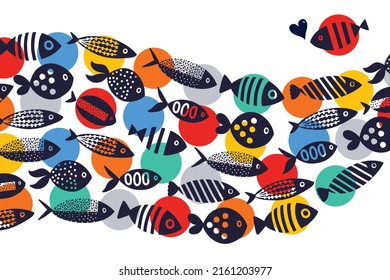 Cute wave fish. Vector sea poster.