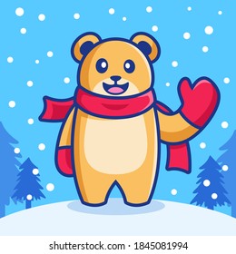 cute waving bear in snowfall winter season