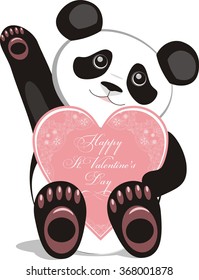 A cute waving panda bear is holding a nice Saint Valentine's Day card with white laces and circle frame with roses and frangipani on a pink background