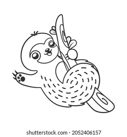 Cute waving sloth hanging on a branch line art outline clipart vector illustration. Animal mammal easy simple coloring book page activity worksheet for kids.