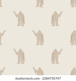 Cute waving Yeti vector seamless pattern. Children funny repeat with the friendly monster welcoming. Fantasy creatures backdrop. Baby background for textile, fabric, wallpaper print, and design.