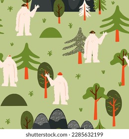 Cute waving Yeti vector seamless pattern. Various Yeti characters - ranger, girl, in a hand-knitted beanie in the woods and mountains. Children vector repeat, Baby backdrop for wrapping paper, fabric.