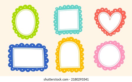 Cute Wavy Dot Line Doodle Cloud Round Heart Square Rectangle Arch Oval Shape Green Blue Red Pink Orange Yellow Sticky note Post it Borders Frames Background Set Collection Bundle Vector Illustration