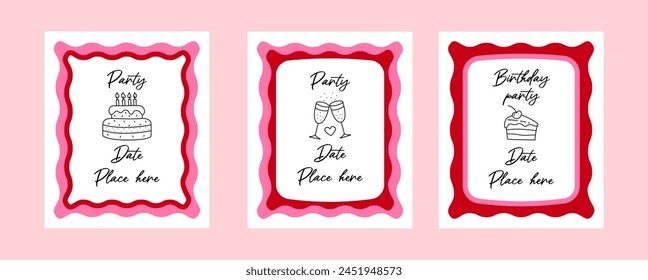 Cute wavy frame border set cards with hand drawn pastry elements. Simple party cards with wavy frame.