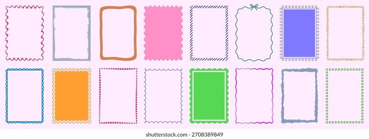 Conjunto de quadros ondulado bonito, borda vintage desenhada à mão, quadro de convite de decoração de linha