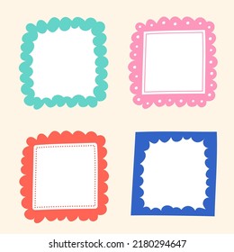 Cute Wavy Inside Dot Dash Line Doodle Cloud Square Shape Green Blue Red Pink Sticky note Post it Borders Frames Background Set Collection Bundle Vector Illustration