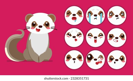 Cute Weasel, set of animal emotions, tiny Weasel with emoji collocation, sleeping, crying, sad, Bored, happy, excited, lovable, surprised, careless, confident, terrifled, stunned, Flat Vector avatar