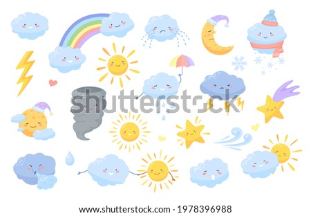 Cute weather. Cartoon weather characters with happy faces. Clouds, lightning, rainbow, sun, moon, star. Kawaii meteorology vector icons. Crying cloud, holding umbrella for forecast