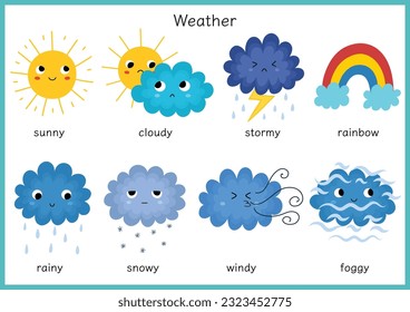 Cute weather character set for kids. Funny sun, clouds, rainbow clipart collection in cartoon style. Vector illustration