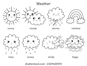 Personajes climáticos para niños en blanco y negro. Sol divertida, nubes, colección de clipart arco iris en contorno para libro de colorear. Ilustración del vector