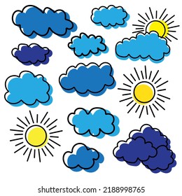 Cute weather characters - clouds, sun. Kawaii weather characters isolated on white background. Vector illustration cartoon flat style.