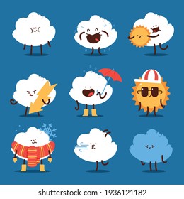 Cute weather characters with funny cloud and sun vector cartoon set isolated on a white background.