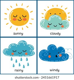 Lindo conjunto de personajes de Clima para los niños. Soleado, nublado, lluvioso y ventoso Clipart colección en estilo de dibujos animados. Material educativo para la escuela y el preescolar. Ilustración vectorial