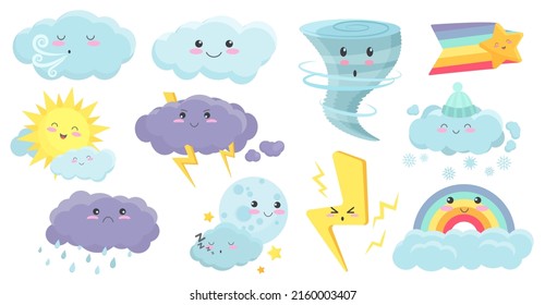 Cute weather characters set vector illustration. Cartoon colorful rainbow, rain and snow clouds with lightning, sun and moon with kawaii faces isolated white. Baby meteorology, nature concept