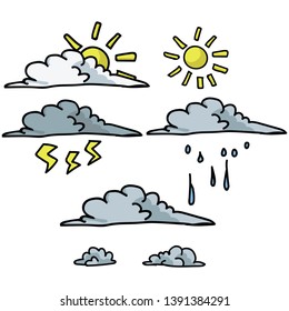 Cute weather cloud cartoon vector illustration motif set. Hand drawn sunny day element blog icons. Lightning storm graphics. Rainy web buttons.
