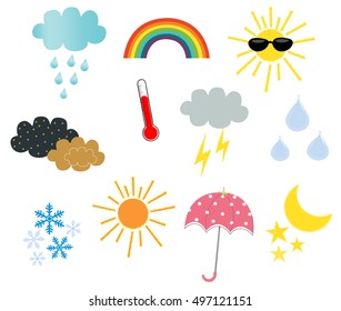 Cute weather with cloud rainbow sun thermometer raindrop snowflake umbrella moon star design. Vector image
