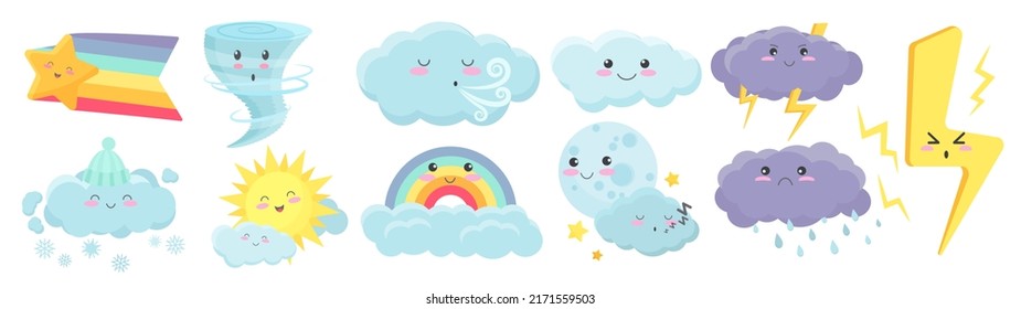 Cute weather elements, baby meteorology set vector illustration. Cartoon kawaii rain cloud characters with sleepy or funny face, summer colorful rainbow, lightning, star and moon isolated on white