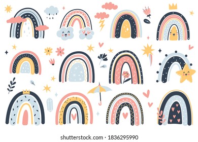 Cute weather elements. Childish boho rainbows, stars and clouds, doodle cartoon style in pink and yellow colors, kid funny prints nursery decorations, baby party design and textile vector collection