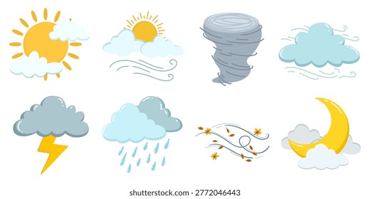 Cute Weather Elements Doodle Illustration Set with Sun Cloud Moon Storm Wind Rain and Tornado
