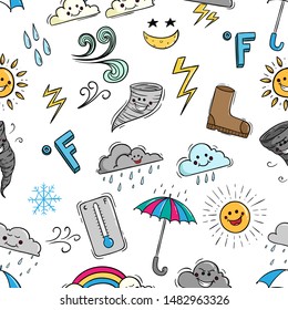 Cute Weather Elements in Seamless Pattern With Doodle Style