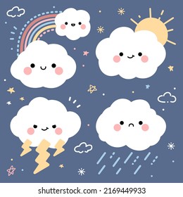 Cute Weather Emoticon Set With Cloud, Sun, Star, Rainbow Cartoon Vector Illustration