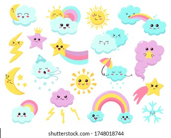 Cute weather emoticons. Funny weather character, hand drawn stars, wind, rainbow and flash, smiling weather signs vector illustration icons set. Colored kawaii, children meteorology lightning rainbow
