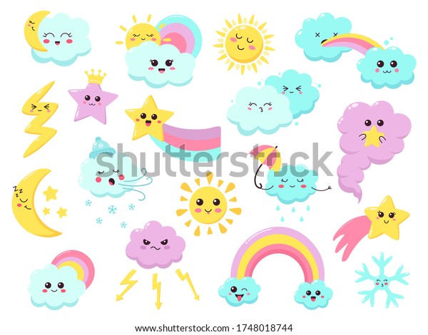 Cute weather emoticons. Funny weather character, hand drawn stars, wind, rainbow and flash, smiling weather signs vector illustration icons set. Colored kawaii, children meteorology lightning rainbow