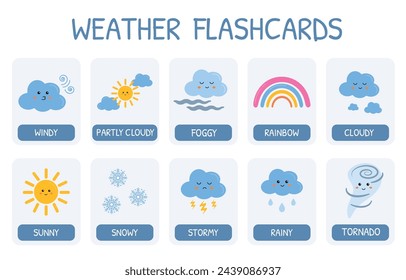 Cute weather flashcard vector set. Kids Flash cards with funny sun, rainbow, cloud characters. Learning weather, forecast vocabulary for kindergarten, primary school, preschool. Cloudy, sunny, windy.