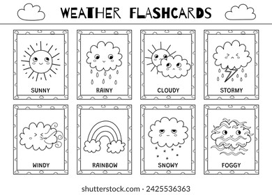 Cute weather flashcards black and white collection. Flash cards set for coloring with funny sun and cloud characters. Learning forecast vocabulary for school and preschool. Vector illustration