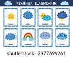 Cute weather flashcards collection. Flash cards set with funny sun and cloud characters. Learning forecast vocabulary for school and preschool. Vector illustration