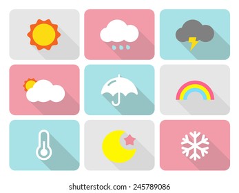 Cute weather flat icons with long shadow
