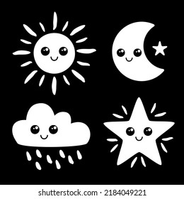 Cute Weather Forecast Icons Set. Black And White Element For Montessori Black And White Contrast Cards.