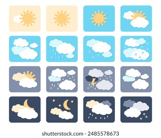 Cute weather icon material set. Vector illustration paper cut style collection. Bright climate cartoon sign. Thunderstorm, rain, sunny day,  winter snow, night.