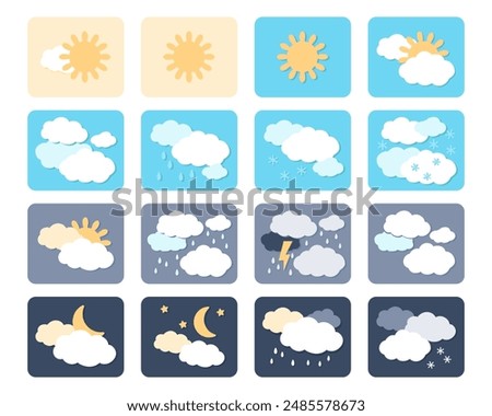 Cute weather icon material set. Vector illustration paper cut style collection. Bright climate cartoon sign. Thunderstorm, rain, sunny day,  winter snow, night.