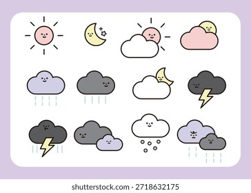 A cute weather icon set designed for children and educational use. Simple hand-drawn lines, friendly faces, and clear symbols make weather concepts easy, playful, and visually engaging.