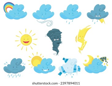 Cute weather icon set. Emotional weather forecast. Cute sun and happy clouds