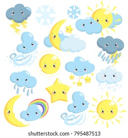 Cute weather icons collection with sun, moon, clouds, star, snowflakes, rain