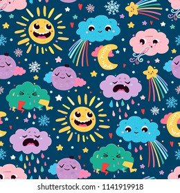 Cute weather icons. Colored vector seamless pattern. Dark background