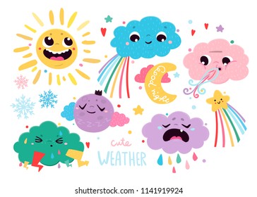 Cute weather icons. Colored vector set. All elements are isolated