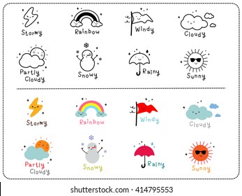 Cute weather icons, outline and colorful cute icon.
