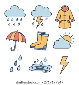 Nette Wettersymbole mit Regen, Sturm, Regenschirm, Stiefeln und Wolken im verspielten Cartoon-Stil. Ideal für Kinder-Design, Apps, Bildung, Poster, Aufkleber und fröhliche UI-Grafiken.