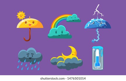 Cute Weather Icons Set, Forecast Meteorology Symbols Vector Illustration