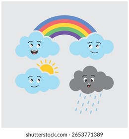 Ícones meteorológicos bonitos com nuvens sorridentes, arco-íris, sol e chuva - Ilustração estilo desenhos animados