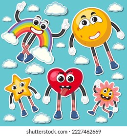 Cute weather icons sticker seamless pattern illustration